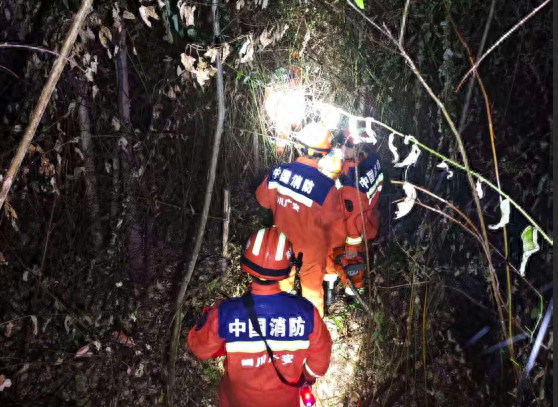 消防员进山搜寻。图源：广安消防